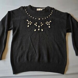 Bonnie Evans Vintage‎ Beaded Sweater Black Ramie Cotton Size M Womens